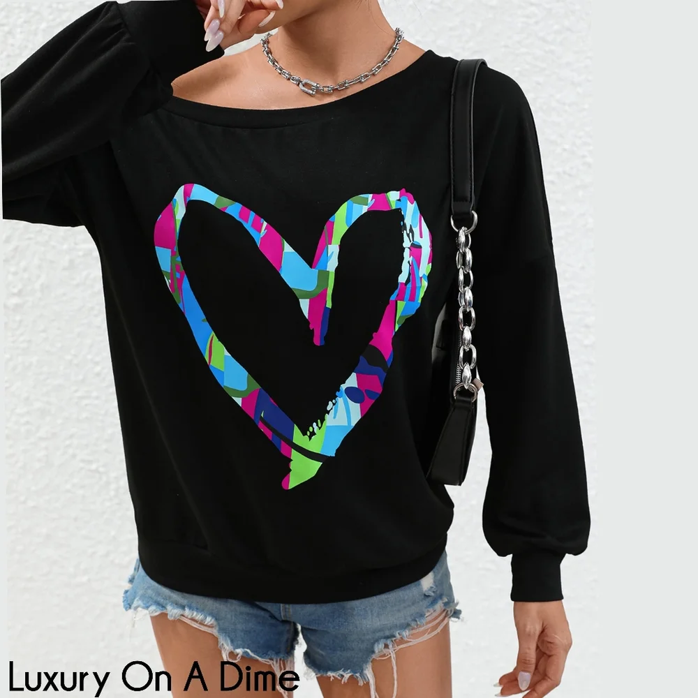 Colorful Heart Graphic Tee Long Sleeve Off Shoulder Boat Neck Pullover Shirt Top